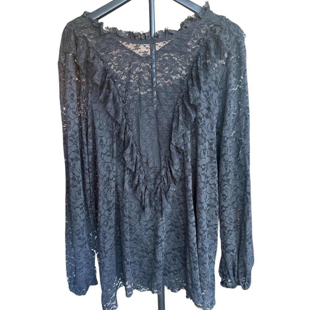 Suzanne Betro Black Lace Ruffle Blouse Womens 1X Dark Romantic Whimsigoth Gothic